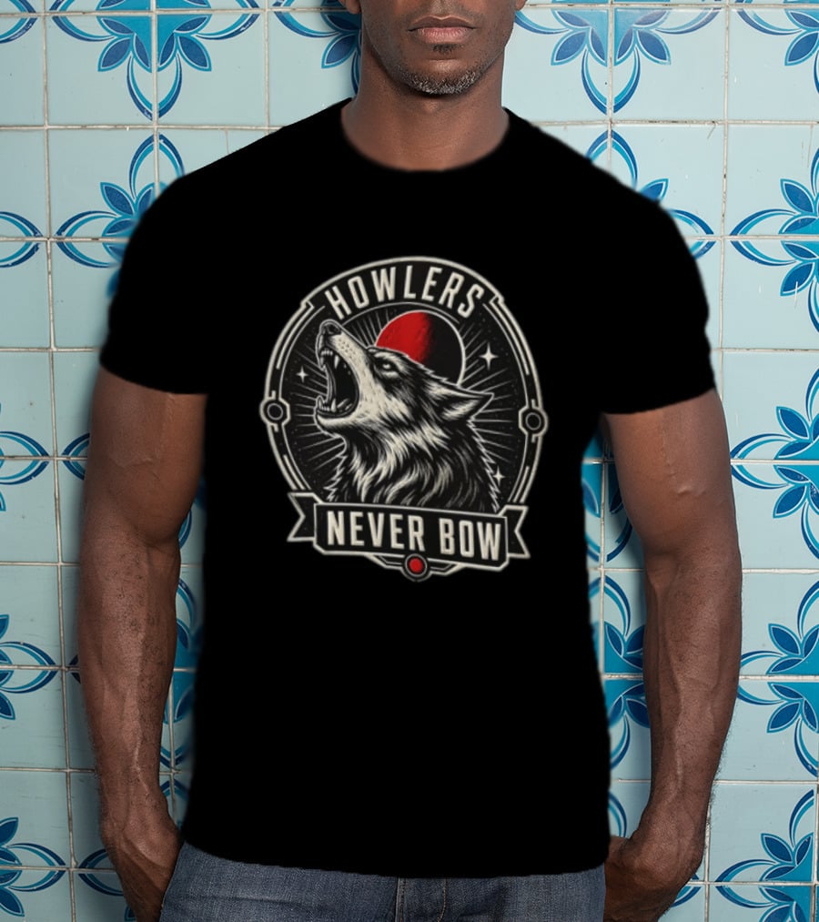Howlers Never Bow Snarling Wolf Red Moon Celestial T-Shirt