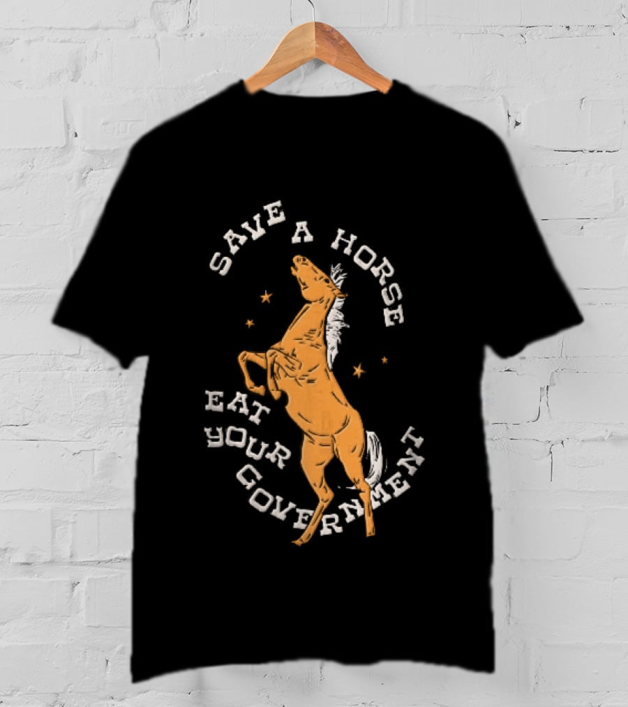 Save A Horse Eat Your Government Rearing Orange Stallion Woodcut Stars T-Shirt