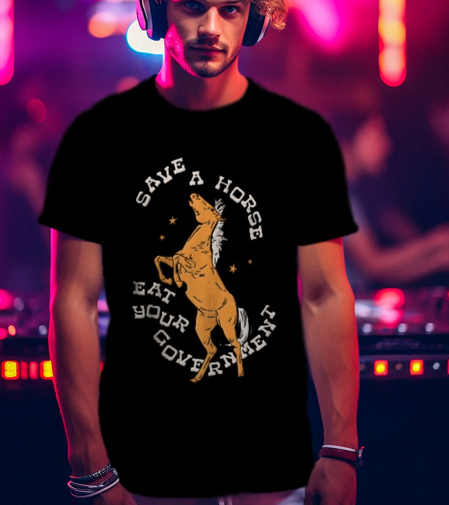 Save A Horse Eat Your Government Rearing Orange Stallion Woodcut Stars T-Shirt