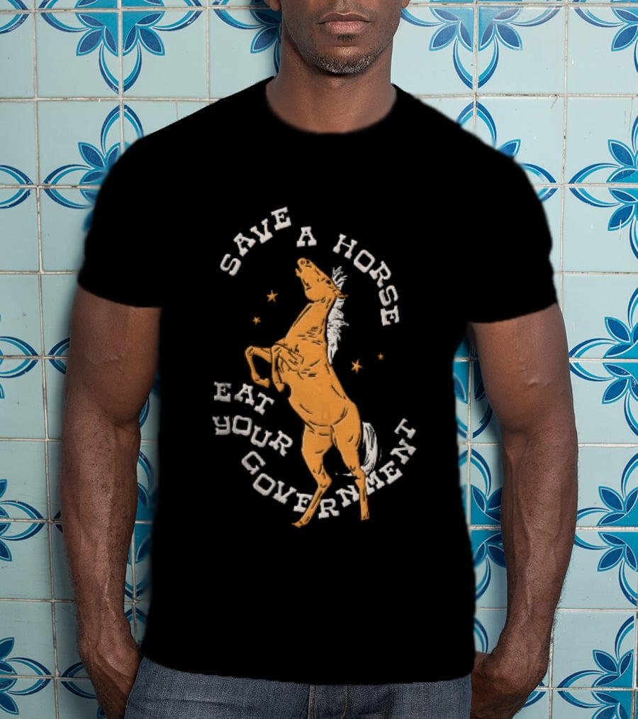 Save A Horse Eat Your Government Rearing Orange Stallion Woodcut Stars T-Shirt
