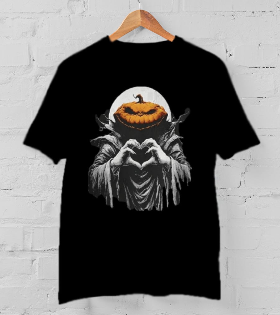 Scary Jack O Lantern Hooded Cloak Heart Hands Full Moon T-Shirt