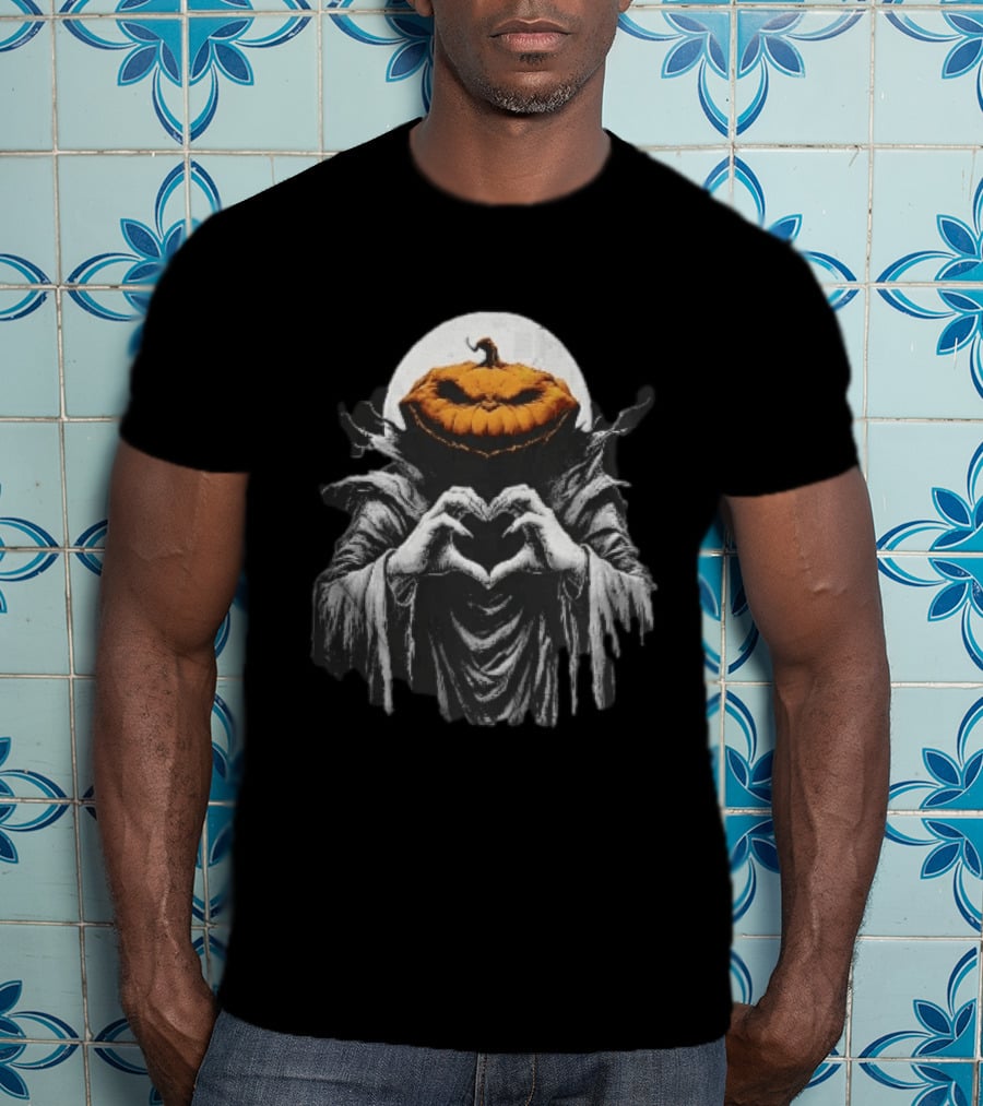Scary Jack O Lantern Hooded Cloak Heart Hands Full Moon T-Shirt