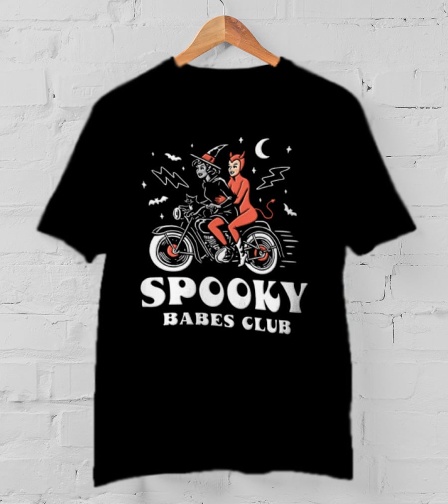 Spooky Babes Club Halloween Witch And Devil Motorcycle Riding T-Shirt