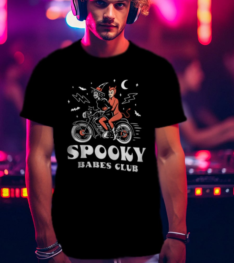 Spooky Babes Club Halloween Witch And Devil Motorcycle Riding T-Shirt