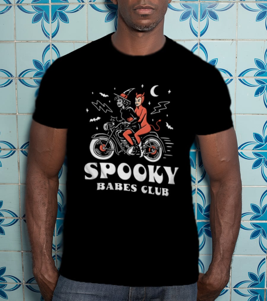 Spooky Babes Club Halloween Witch And Devil Motorcycle Riding T-Shirt