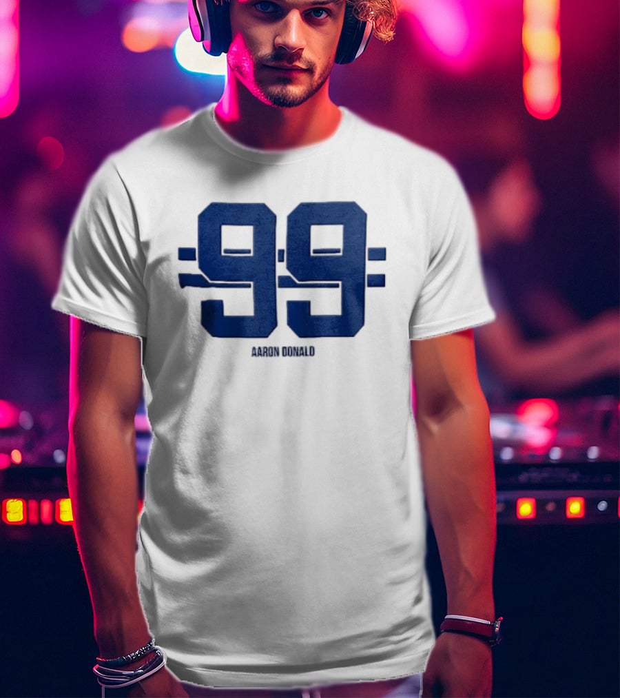 Aaron Donald 99 Blue Jersey Number Block Lettering Horizontal Stripes T-Shirt