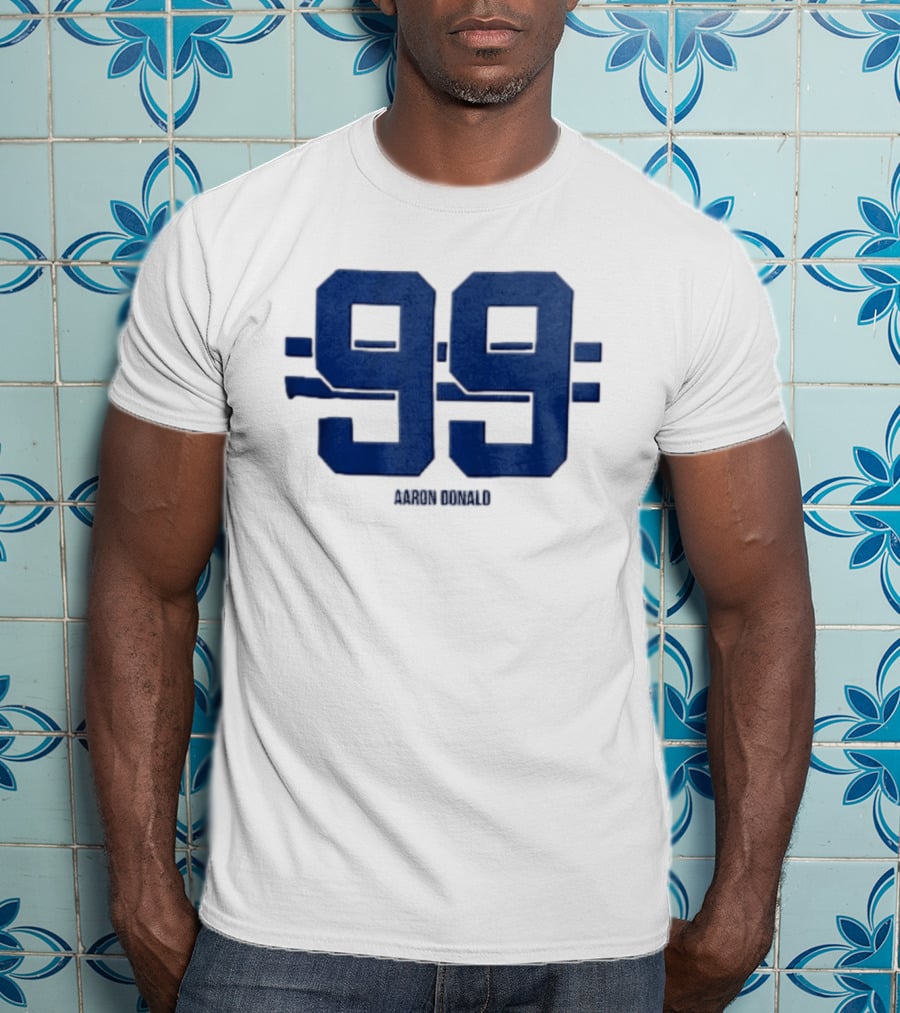 Aaron Donald 99 Blue Jersey Number Block Lettering Horizontal Stripes T-Shirt