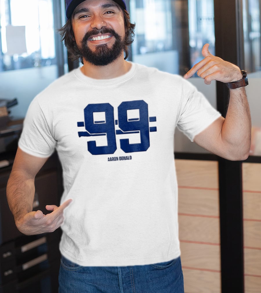 Aaron Donald 99 Blue Jersey Number Block Lettering Horizontal Stripes T-Shirt