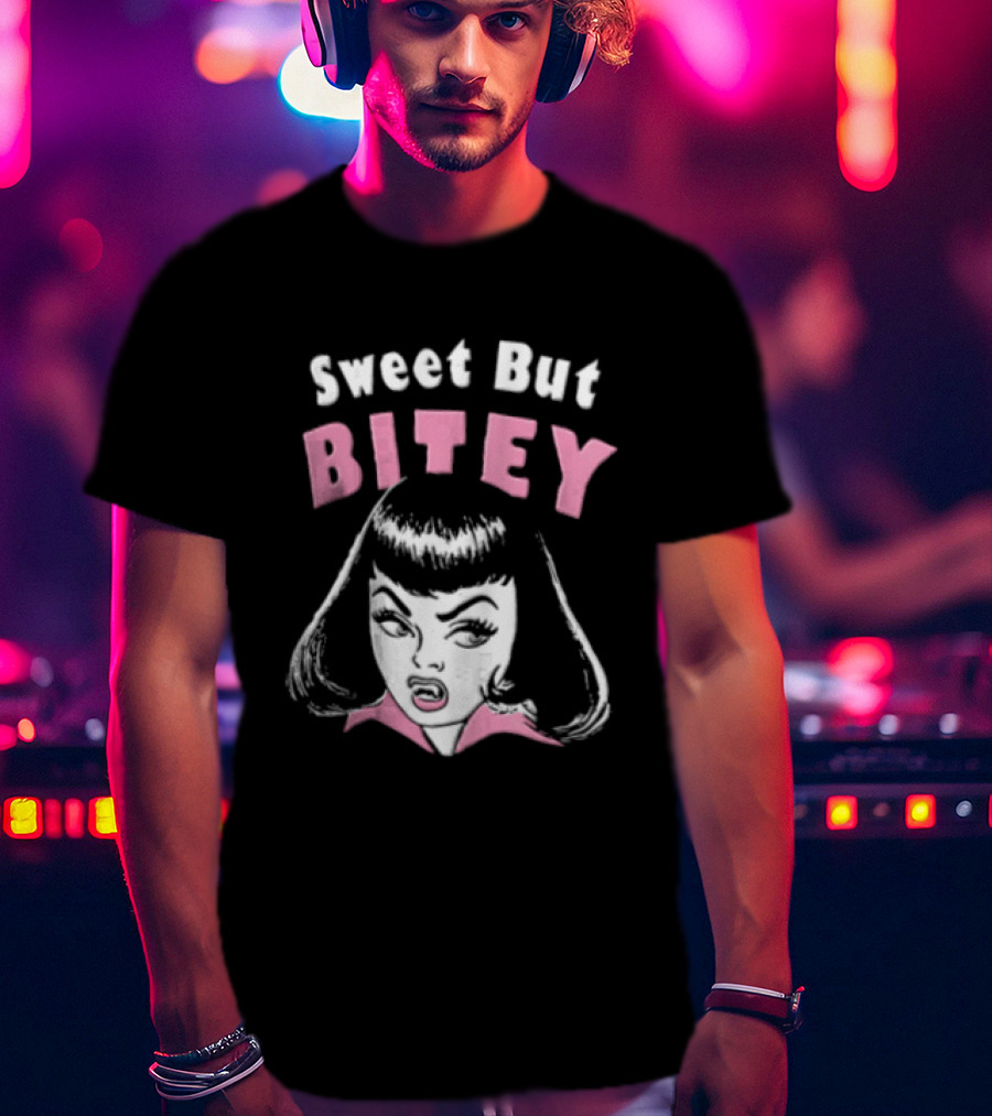 Sweet But Bitey Cartoon Vampire Bangs Graphic Fangs T-Shirt