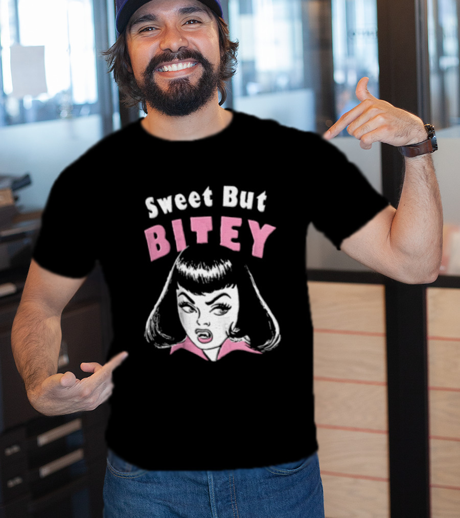 Sweet But Bitey Cartoon Vampire Bangs Graphic Fangs T-Shirt
