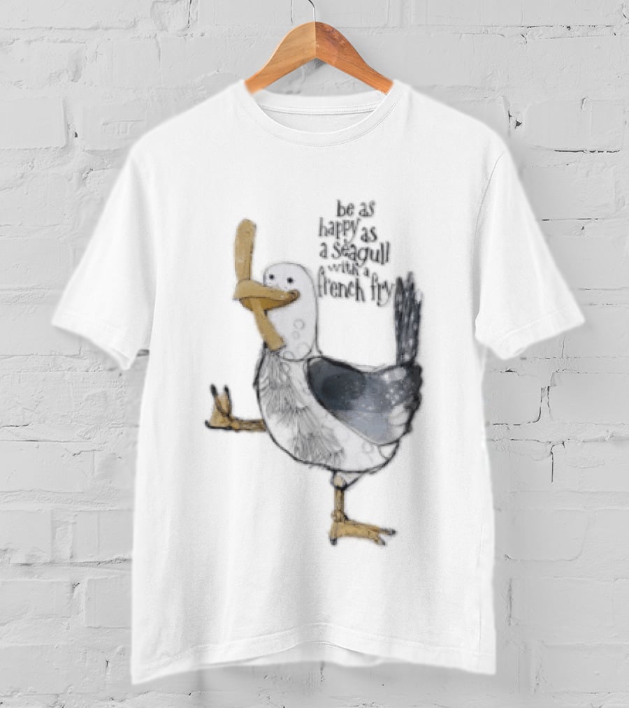 Be As Happy As A Seagull With French Fry Cartoon Bird Holding Yellow Food T-Shirt