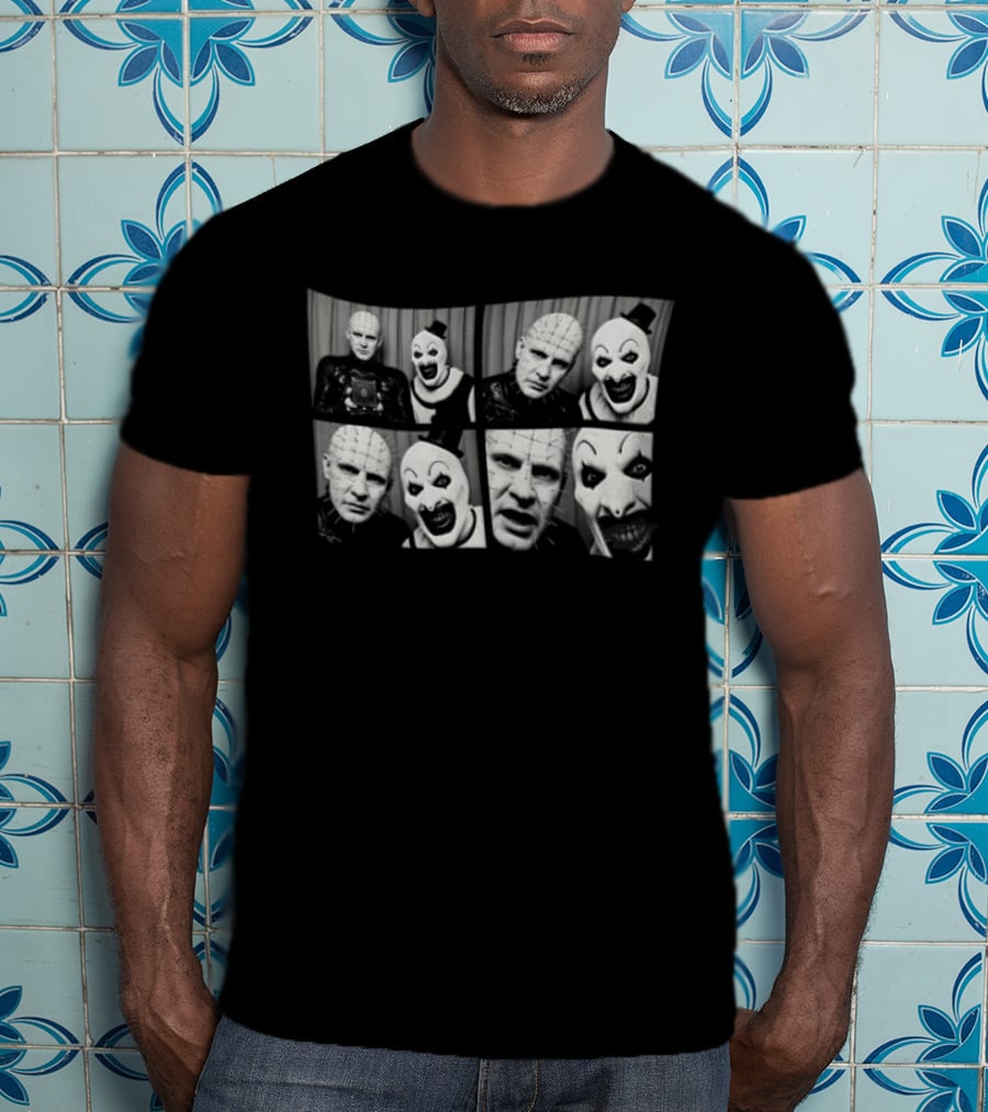 The Clown & Pinhead Horror Mystery Mashup Photo Booth T-Shirt