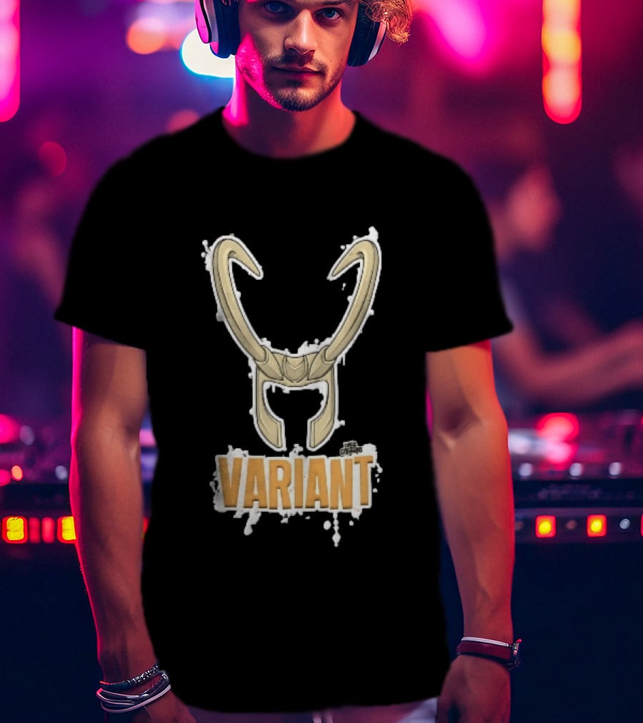 Variant Loki Horned Helmet Golden Horns White Paint Splatter Grunge Cartoon T-Shirt