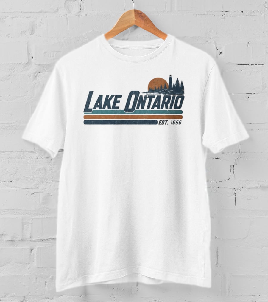 Lake Ontario Established 1956 Vintage Stripe Sunset With Lighthouse And Trees T-Shirt