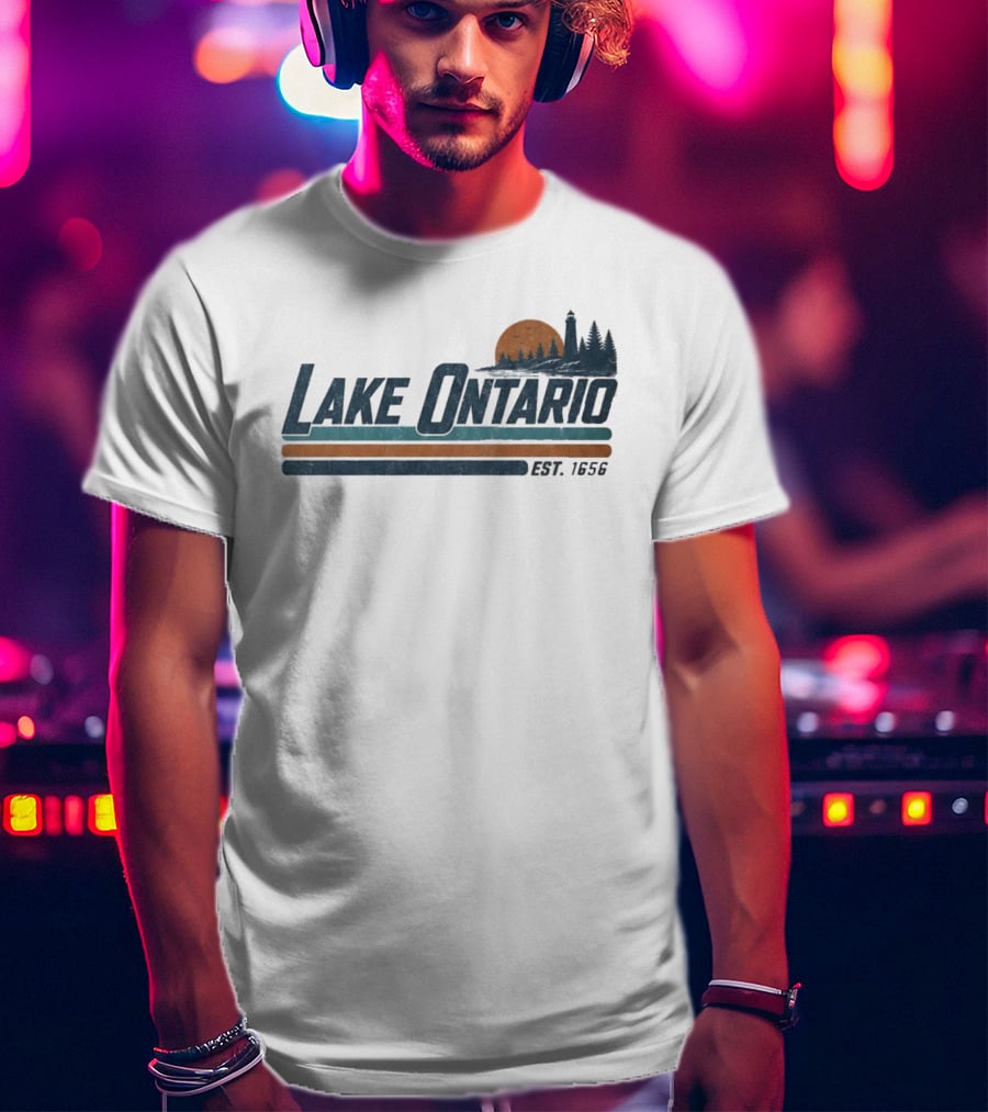 Lake Ontario Established 1956 Vintage Stripe Sunset With Lighthouse And Trees T-Shirt