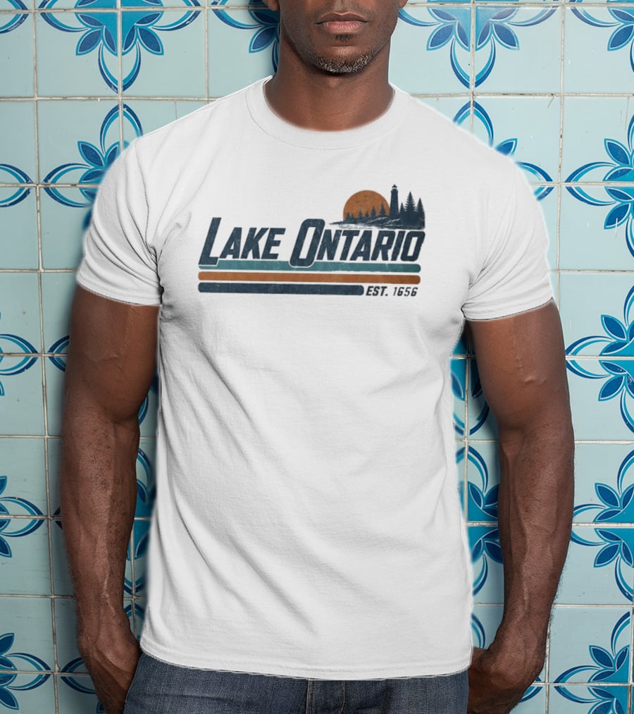 Lake Ontario Established 1956 Vintage Stripe Sunset With Lighthouse And Trees T-Shirt