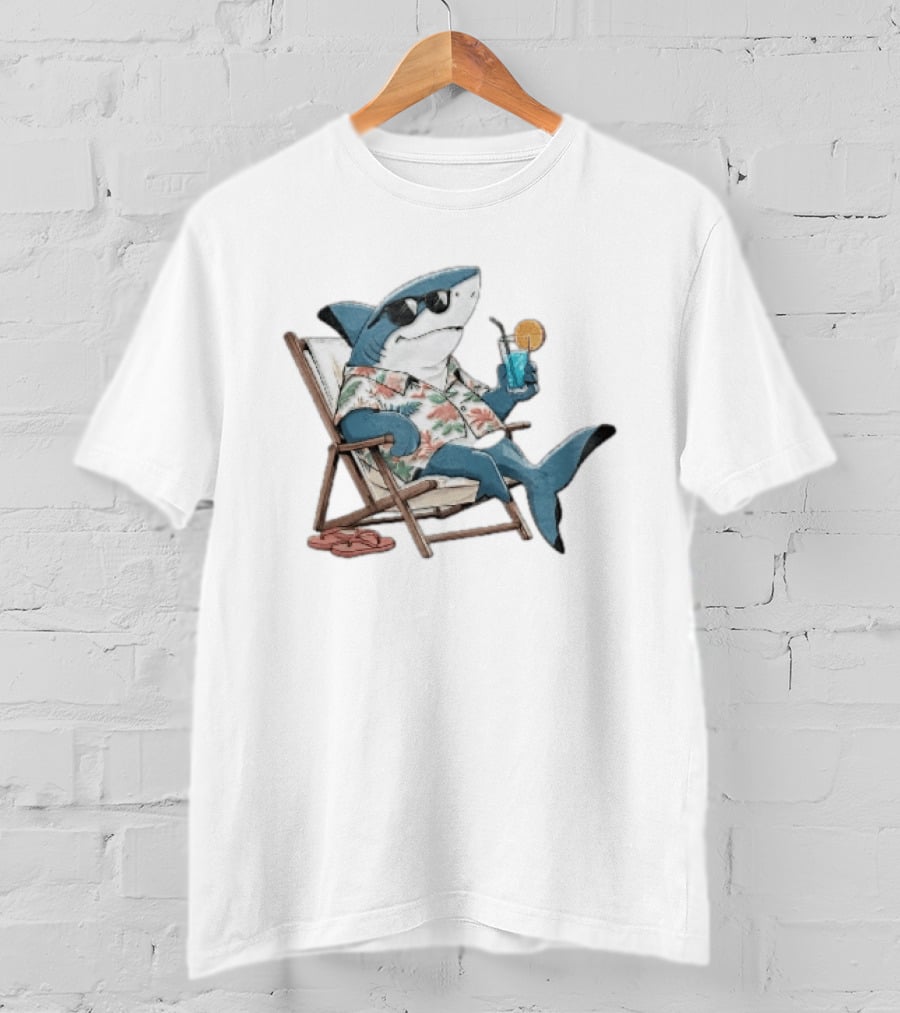 Shark Relaxing In Lounge Chair With Tropical Drink Hawaiian T-Shirt