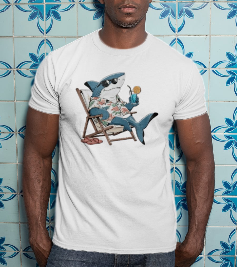 Shark Relaxing In Lounge Chair With Tropical Drink Hawaiian T-Shirt