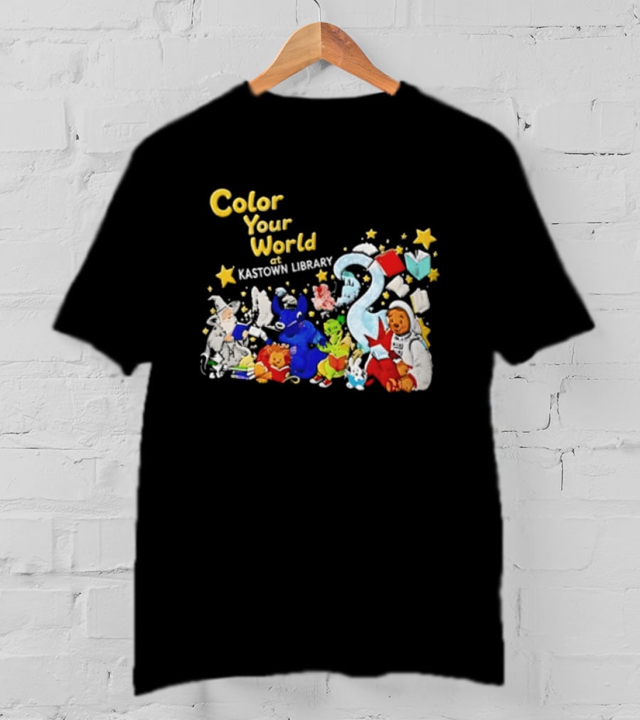 Color Your World At Kastown Library With Reading Books And Vibrant Characters T-Shirt