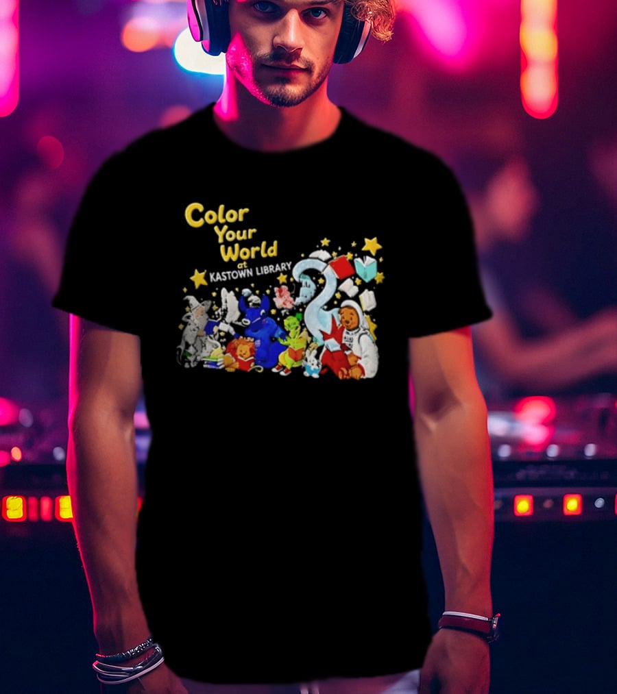 Color Your World At Kastown Library With Reading Books And Vibrant Characters T-Shirt