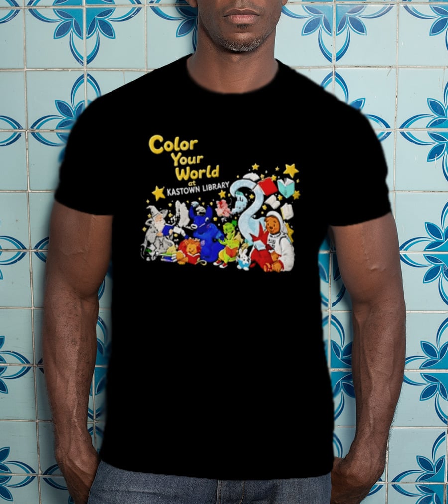 Color Your World At Kastown Library With Reading Books And Vibrant Characters T-Shirt