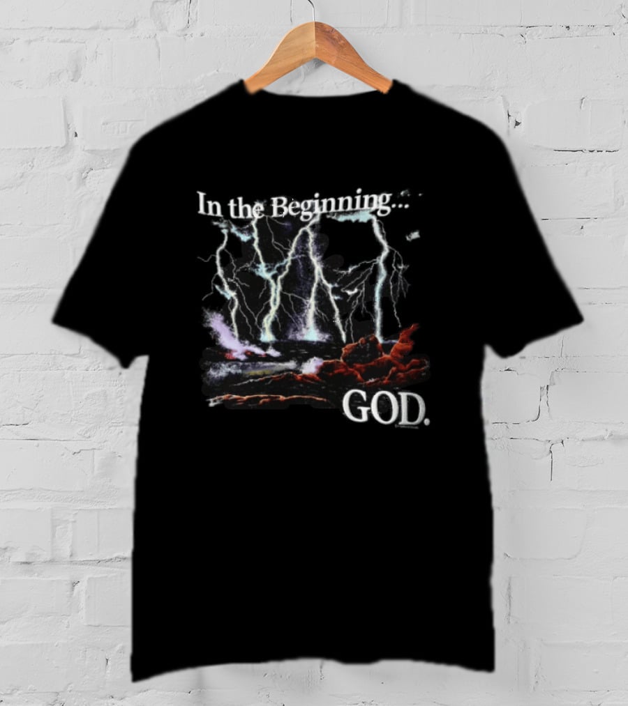 In The Beginning God Lightning Bolts Crashing Waves Rocky Shore T-Shirt