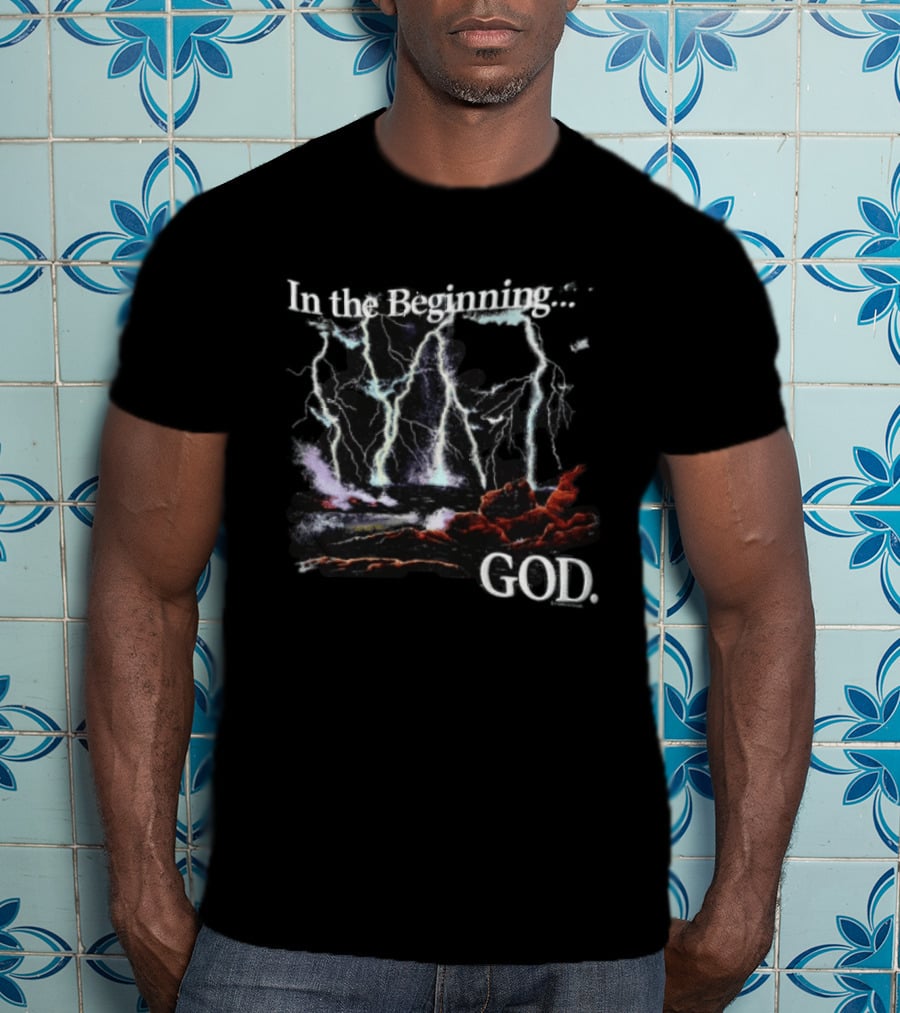 In The Beginning God Lightning Bolts Crashing Waves Rocky Shore T-Shirt