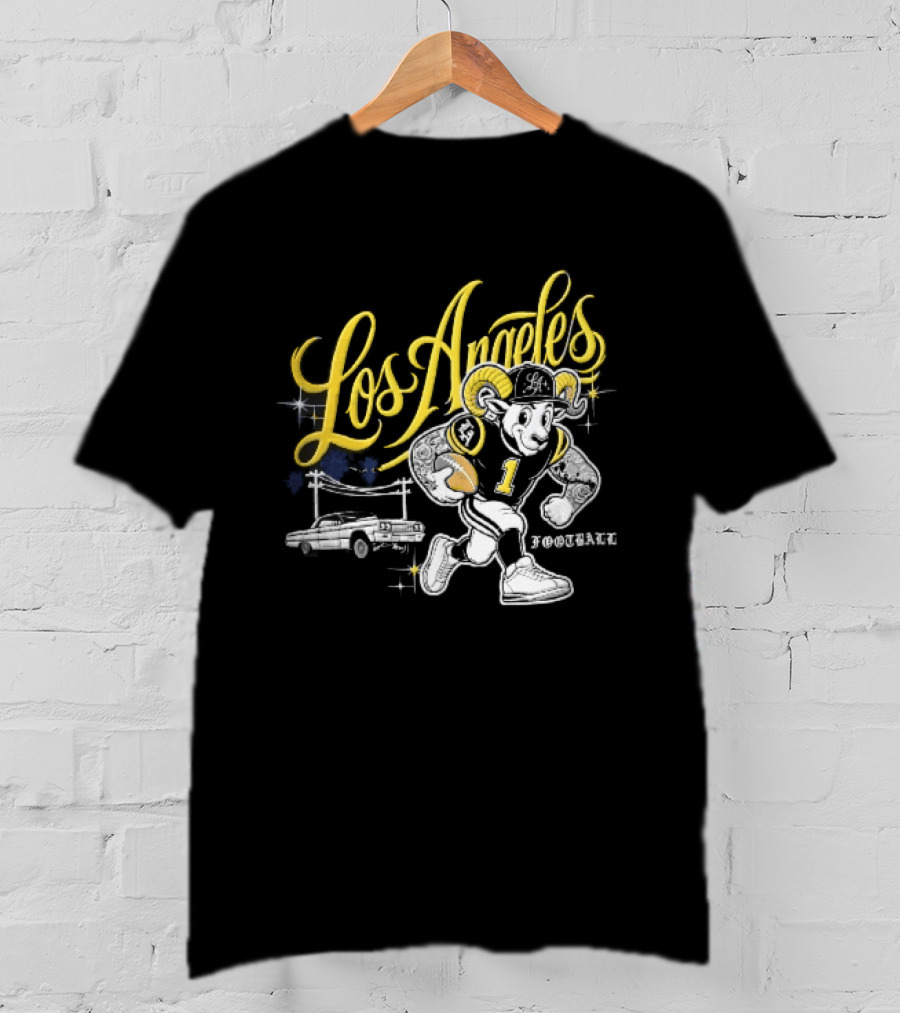 Los Angeles Rams Cartoon Ram Running Lowrider Car Football T-Shirt