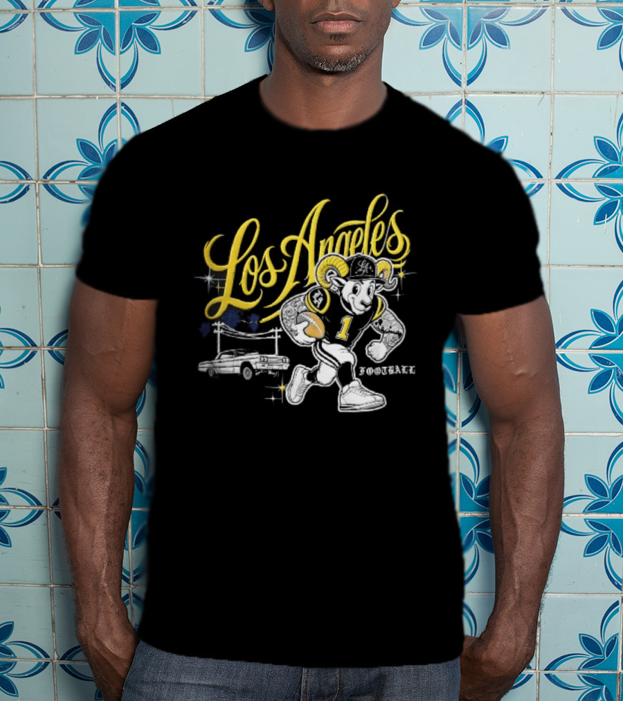 Los Angeles Rams Cartoon Ram Running Lowrider Car Football T-Shirt