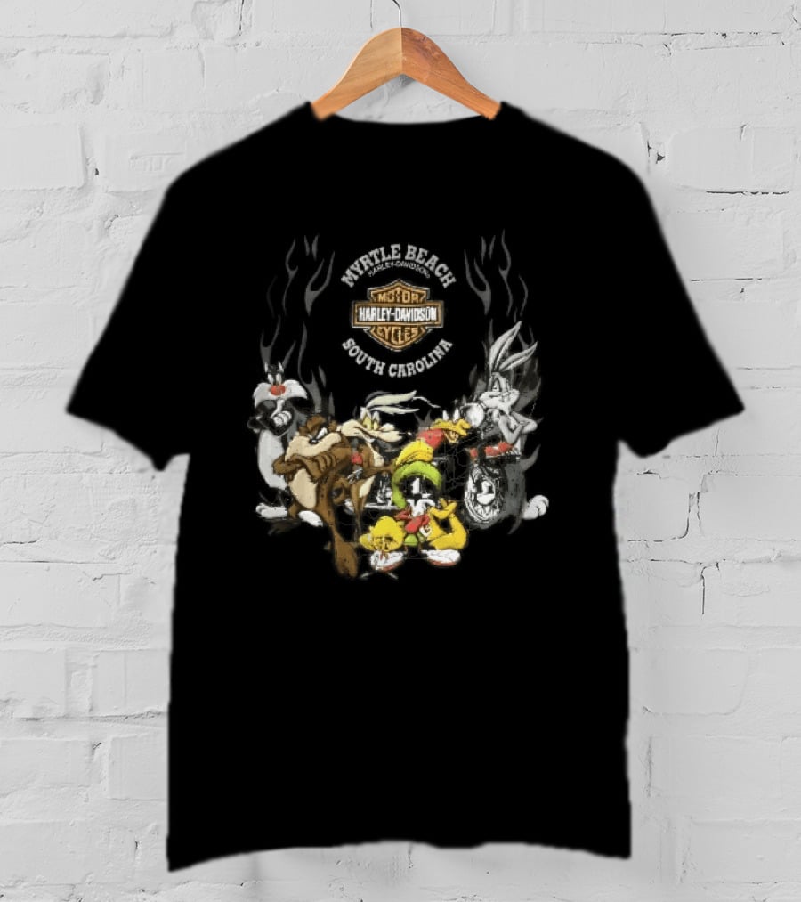 Myrtle Beach Harley Davidson Motor Cycles South Carolina Looney Tunes Bugs Bunny Daffy Duck Taz Sylvester Wile E Coyote T-Shirt