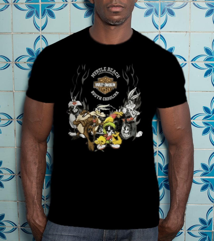 Myrtle Beach Harley Davidson Motor Cycles South Carolina Looney Tunes Bugs Bunny Daffy Duck Taz Sylvester Wile E Coyote T-Shirt