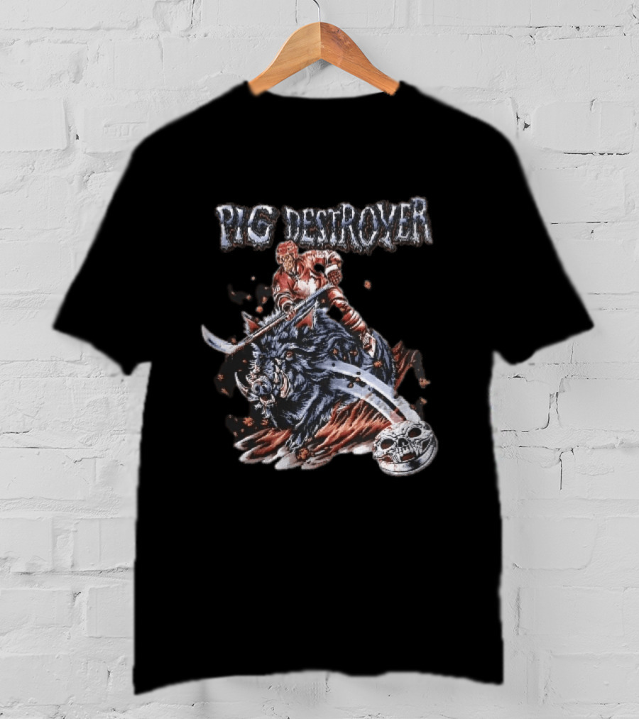 Pig Destroyer Skeleton Hockey Player Riding Wild Boar Skull Puck T-Shirt