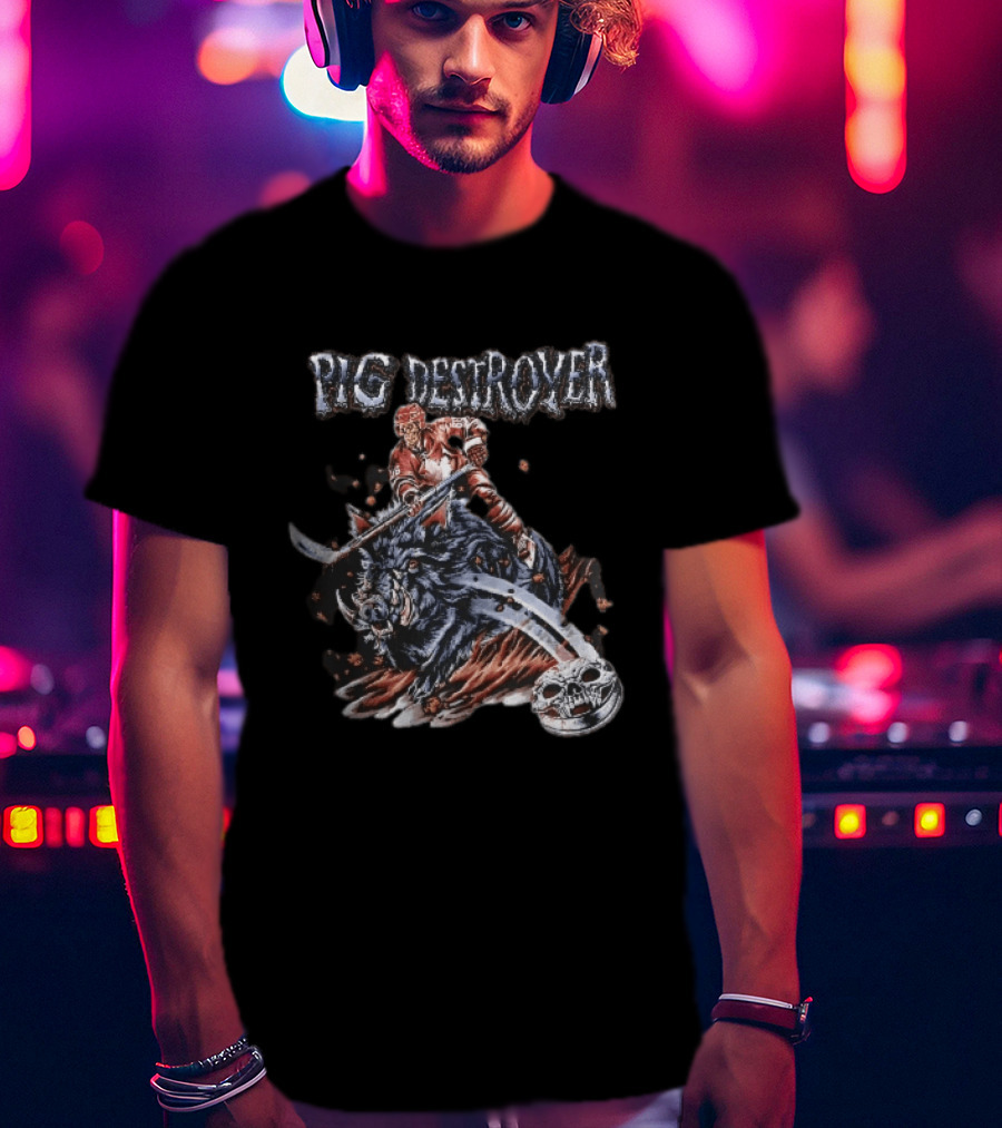 Pig Destroyer Skeleton Hockey Player Riding Wild Boar Skull Puck T-Shirt