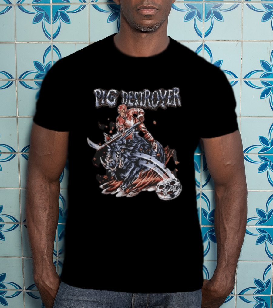 Pig Destroyer Skeleton Hockey Player Riding Wild Boar Skull Puck T-Shirt