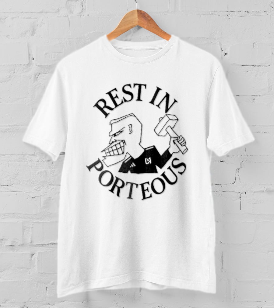 Rest In Porteous Cartoon Caricature Man Holding Hammer T-Shirt