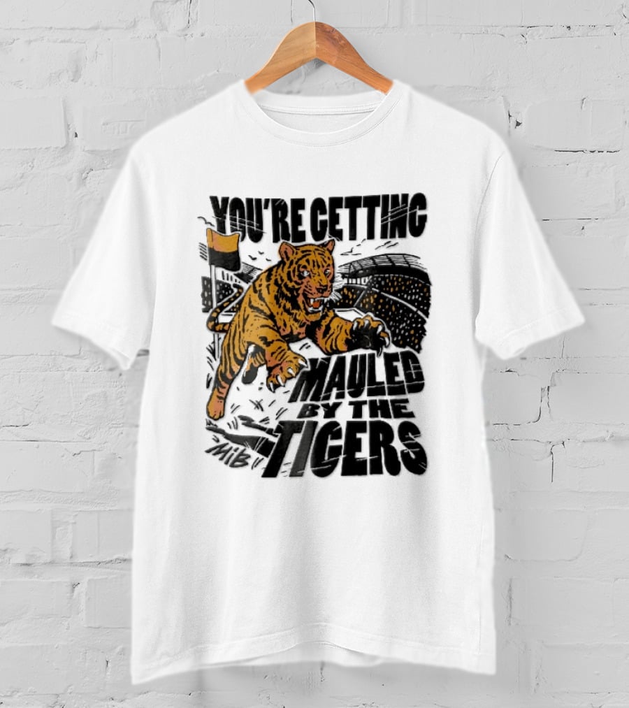 You're Getting Mauled By The Tigers Leaping Aggressive Stadium Crowd Corner Flag Woodcut T-Shirt