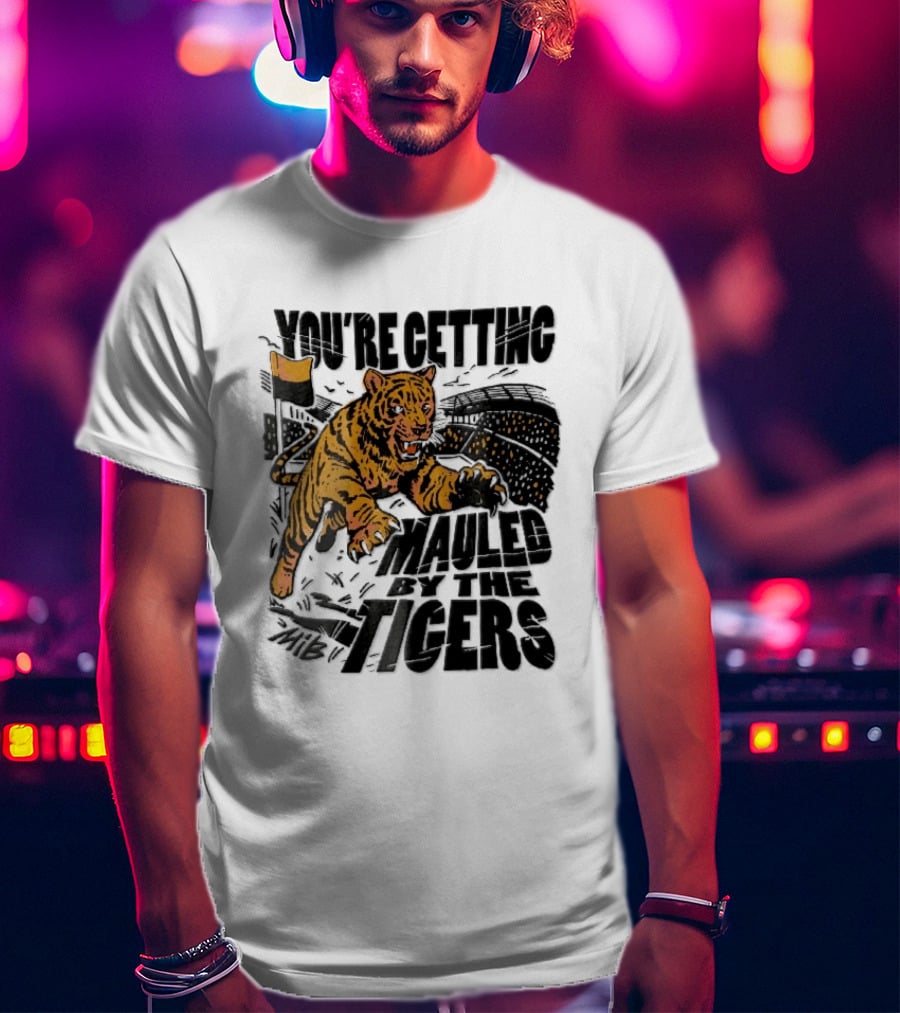 You're Getting Mauled By The Tigers Leaping Aggressive Stadium Crowd Corner Flag Woodcut T-Shirt