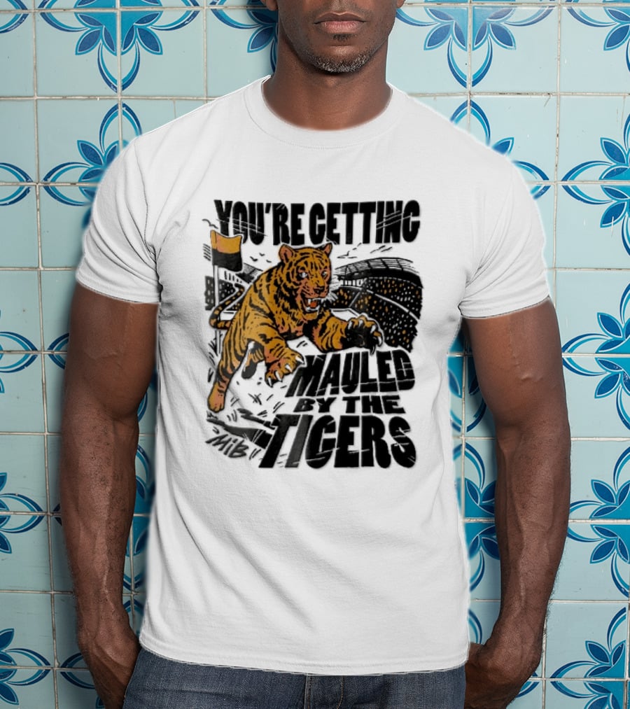 You're Getting Mauled By The Tigers Leaping Aggressive Stadium Crowd Corner Flag Woodcut T-Shirt