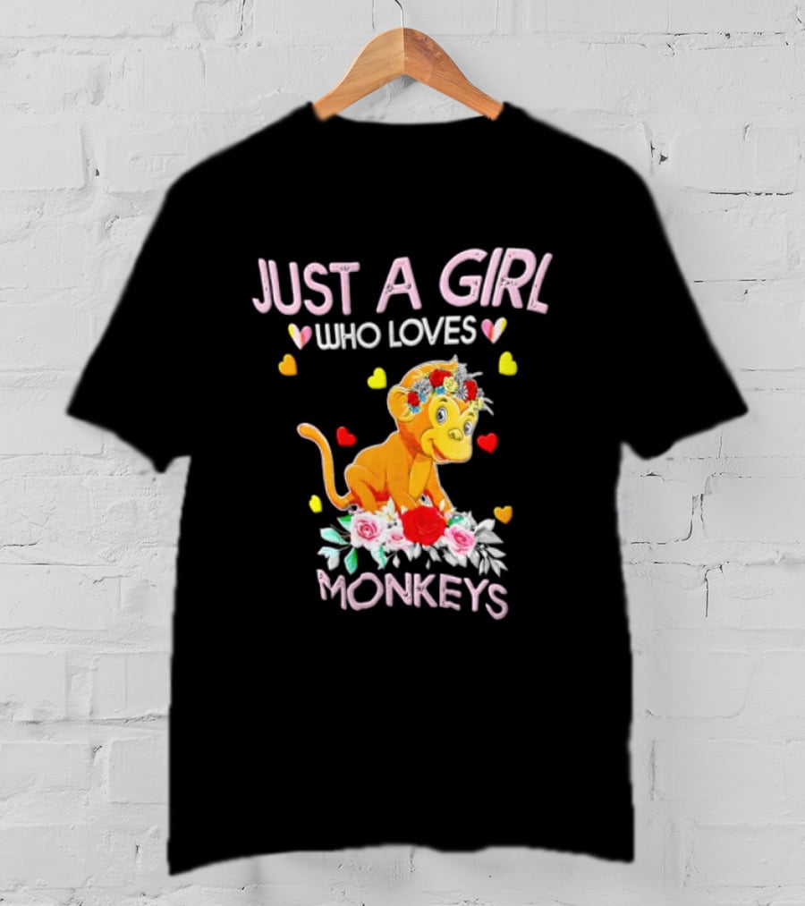 Just A Girl Who Loves Monkeys With Hearts And Flowers T-Shirt