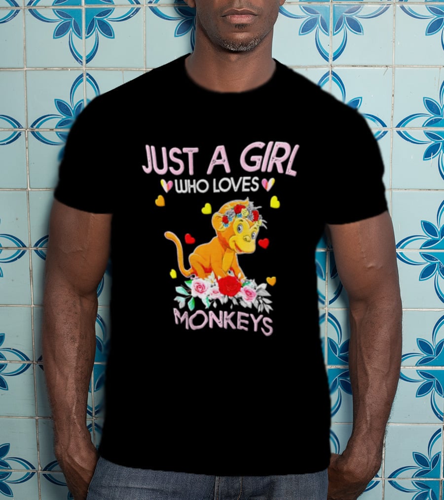 Just A Girl Who Loves Monkeys With Hearts And Flowers T-Shirt