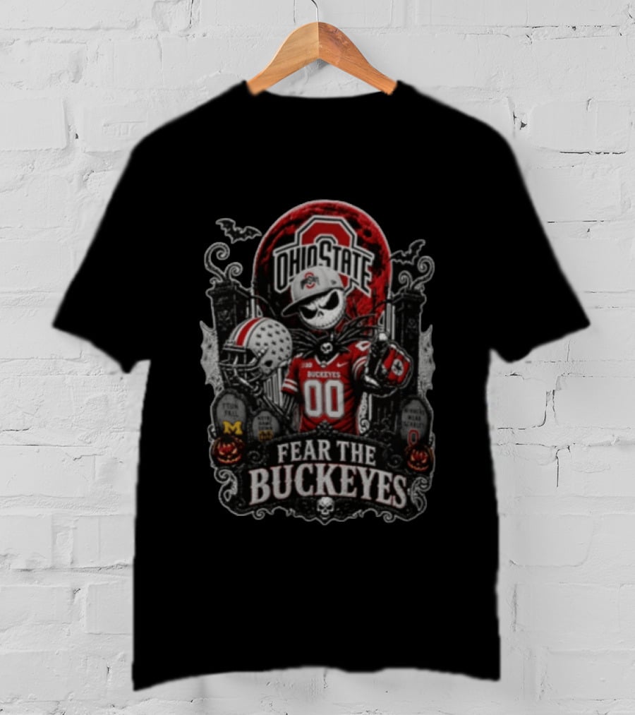 Ohio State Fear The Buckeyes Jack Skellington Halloween Skeleton Football Pumpkins Gravestones T-Shirt