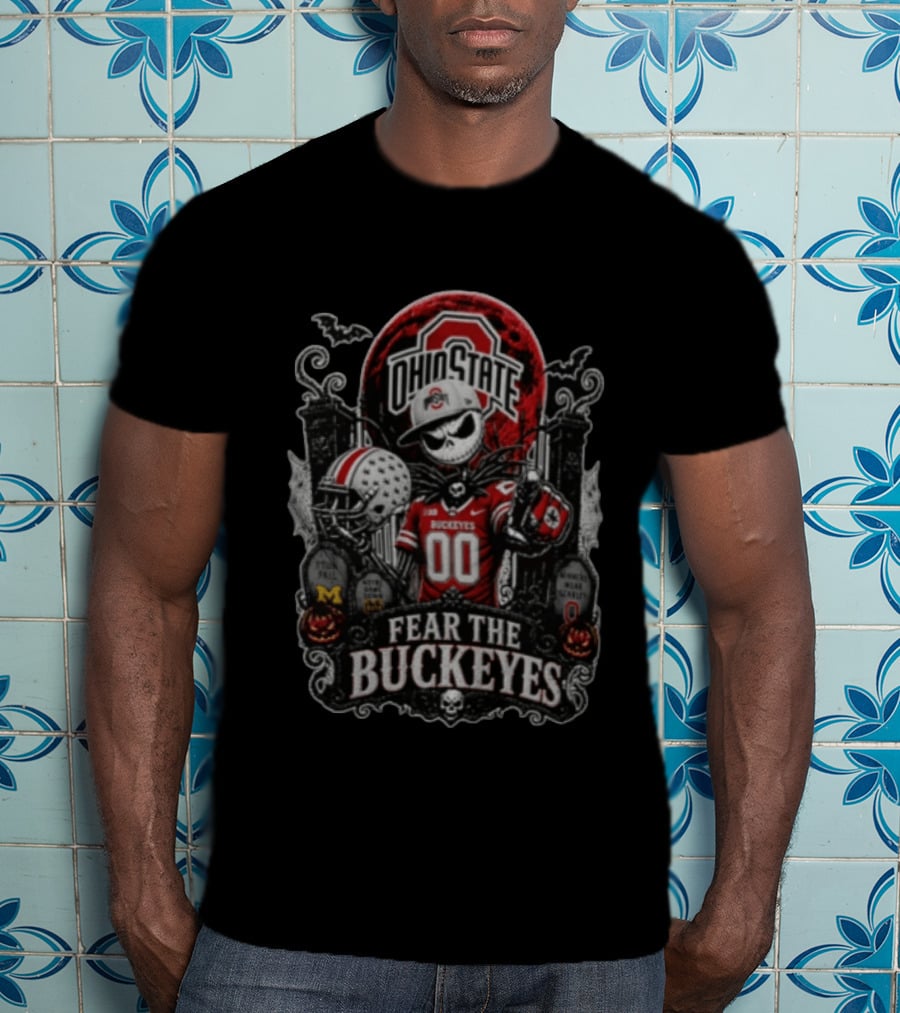 Ohio State Fear The Buckeyes Jack Skellington Halloween Skeleton Football Pumpkins Gravestones T-Shirt