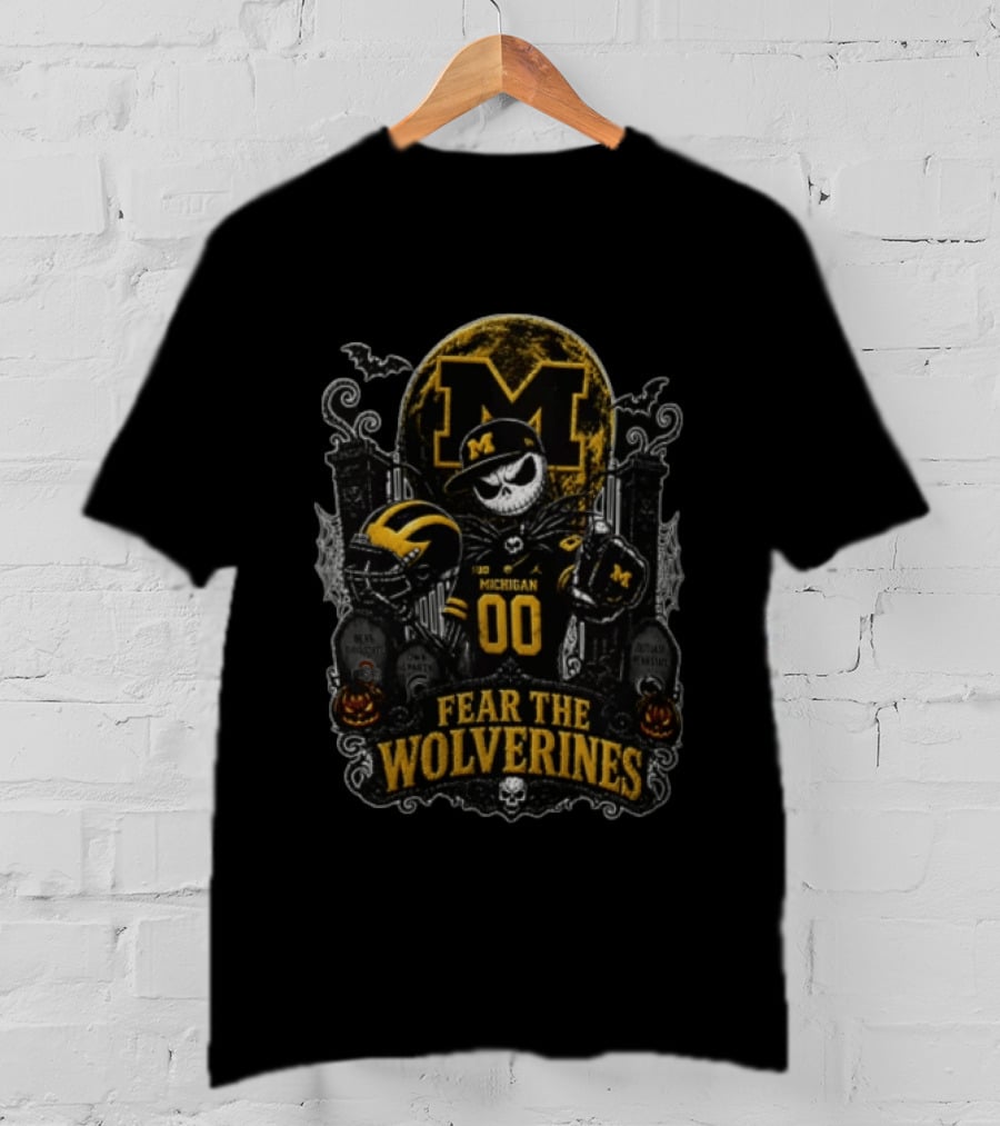 Fear The Michigan Wolverines Jack Skellington Halloween Skeleton Graveyard Tombstones Pumpkins Bats T-Shirt