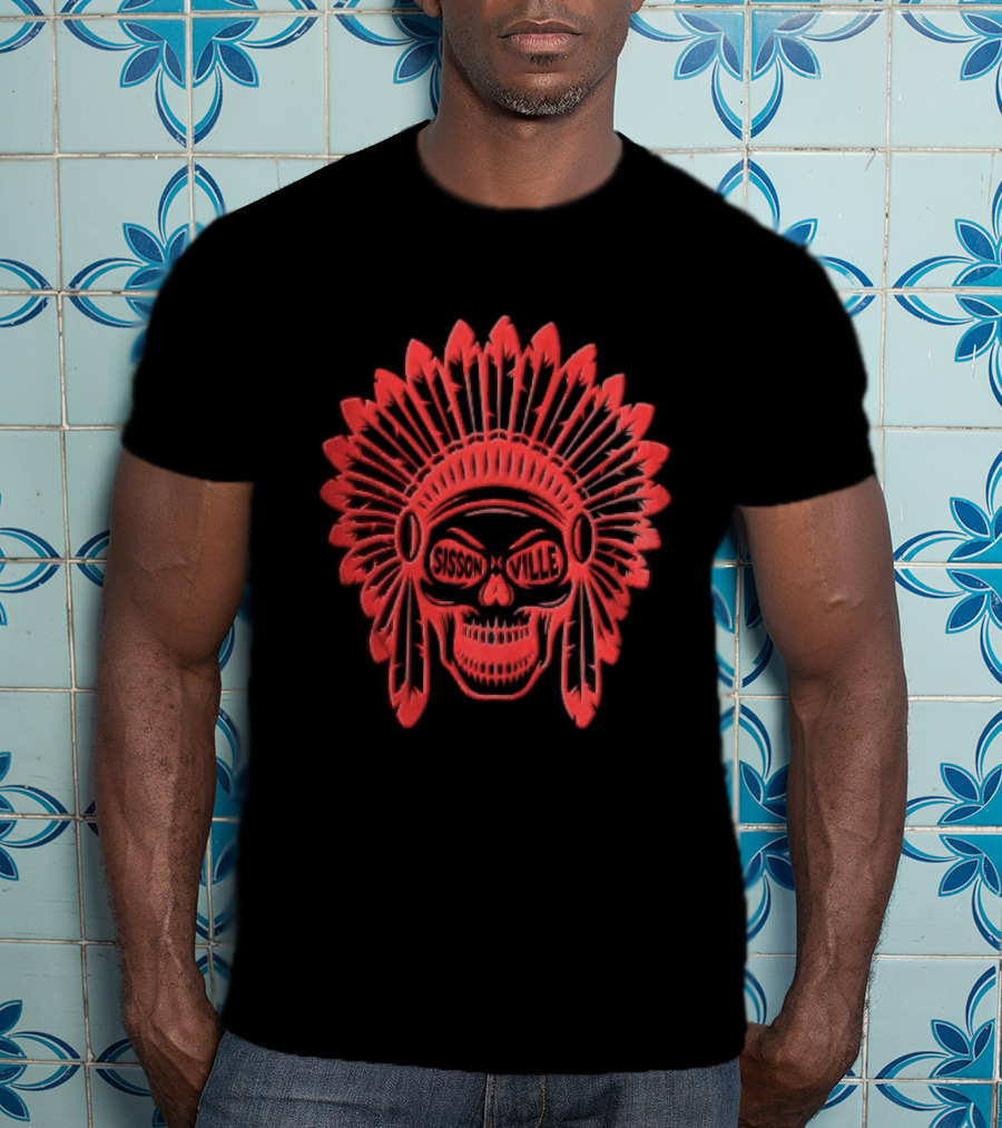 Sissonville Indian Chief Skull Headdress Red Feather Motif T-Shirt