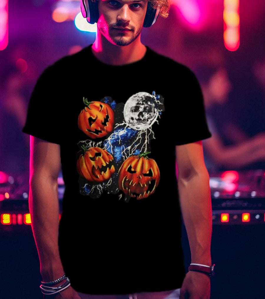 Halloween Pumpkins Skull Moon Lightning T-Shirt
