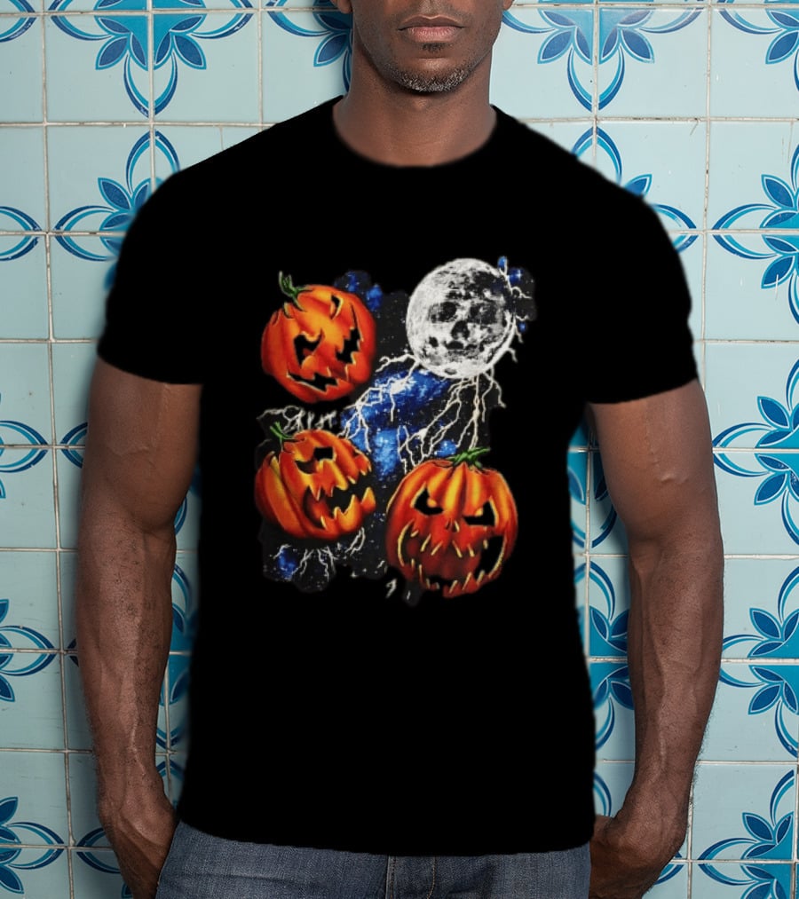 Halloween Pumpkins Skull Moon Lightning T-Shirt