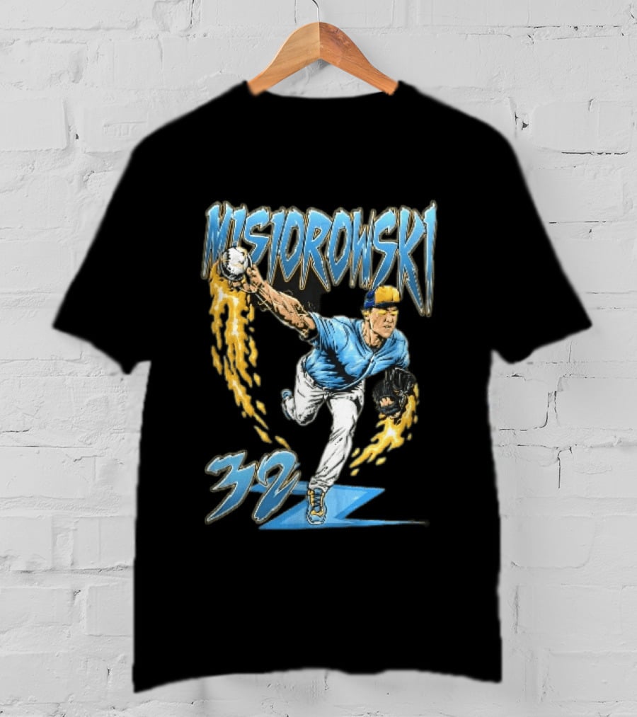 Misiorowski 32 Baseball Pitcher Throwing Flaming Ball In Action T-Shirt
