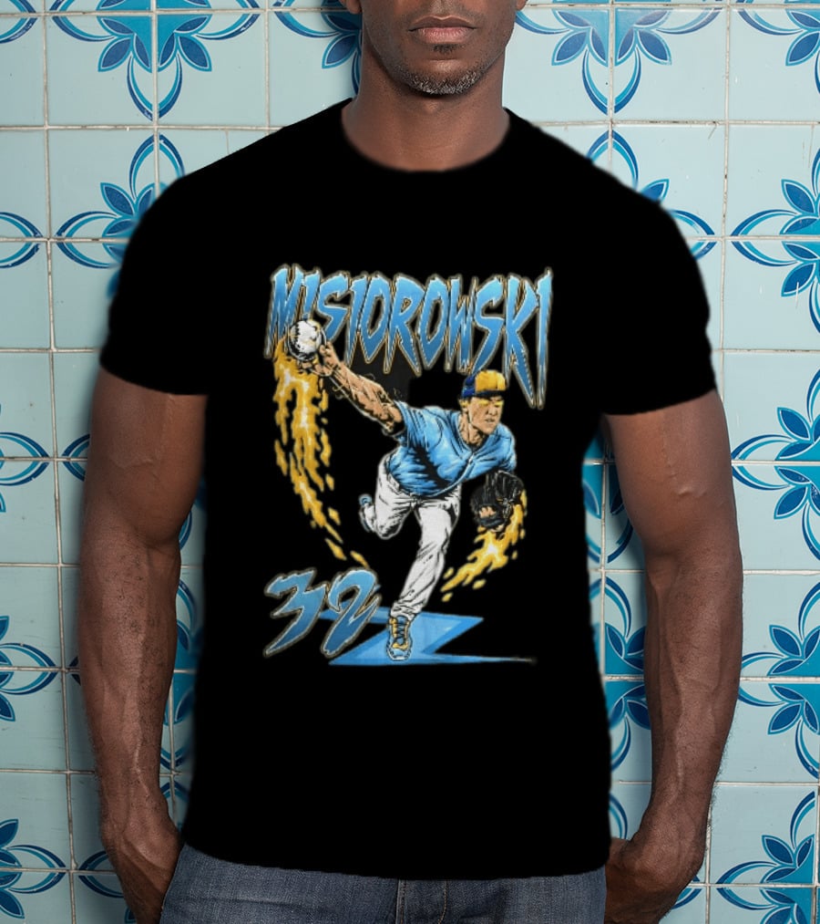 Misiorowski 32 Baseball Pitcher Throwing Flaming Ball In Action T-Shirt