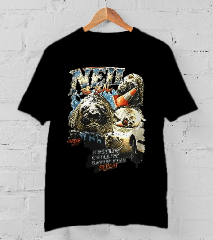 Neil The Seal Hustler Chillin Eating Fish Harbor Animal Warning Cone Repeat T-Shirt
