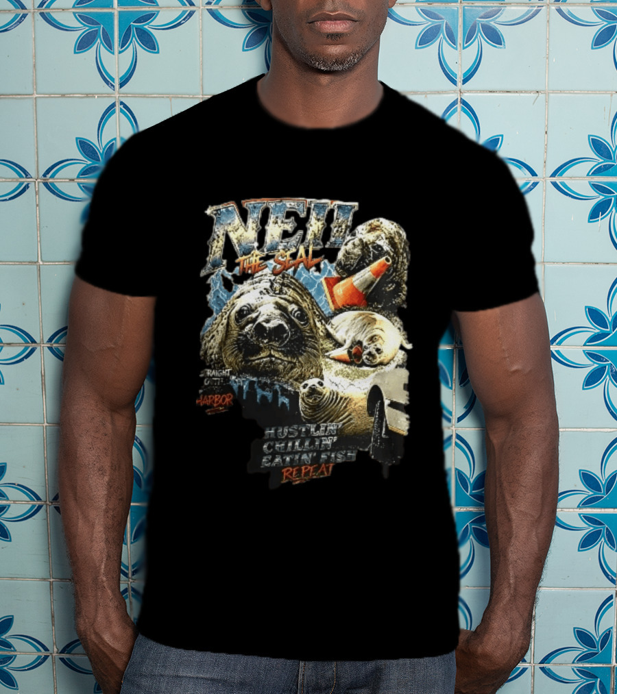 Neil The Seal Hustler Chillin Eating Fish Harbor Animal Warning Cone Repeat T-Shirt